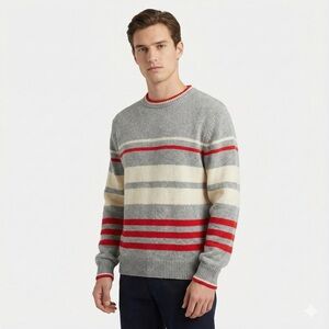 Men's Crewneck Sweater in Gray, Cream, and Red by [Brand]